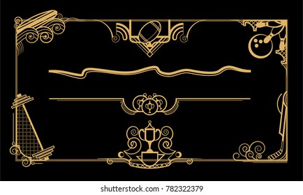 Decor for documents. Golden on black. Strict geometric shapes. Patterns with elements of sporting shells.
