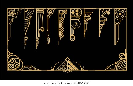 Decor for documents. Golden on black. Strict geometric shapes. 