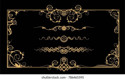 Decor for documents. Golden on black. Strict geometric shapes.