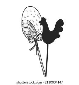 Decor for easter black and white line. Decoration for Easter holiday. Easter egg and rooster vector.
