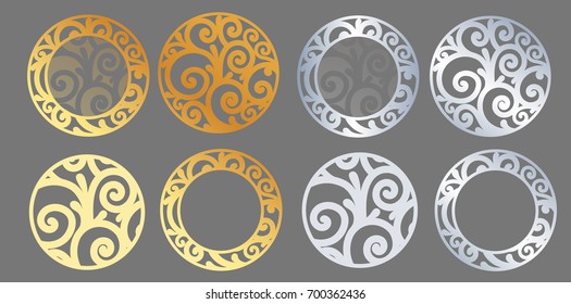 Decor element gold and silver illustration, mandala. Vector framed silhouette design. Round stencil frame. 
