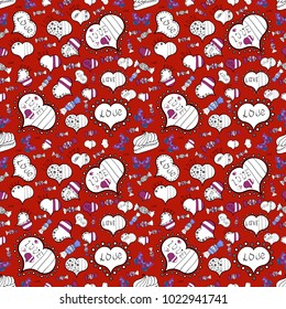 Decor element for greeting cards. Seamless Valentines Day background of red, white and black hearts. Symbol of love for the label gift packages. Vector effect. Flower petal in shape of heart confetti.
