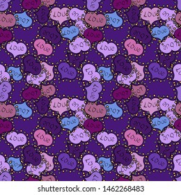 Decor element for greeting cards. Seamless Valentines Day background of violet, black hearts. Transparent effect. Flower petal in shape of heart confetti. Symbol of love for the label gift packages.