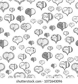 Decor element for greeting cards. Symbol of love for the label gift packages. Seamless Valentines Day background of white, gray and black hearts. Flower petal in shape of heart confetti.