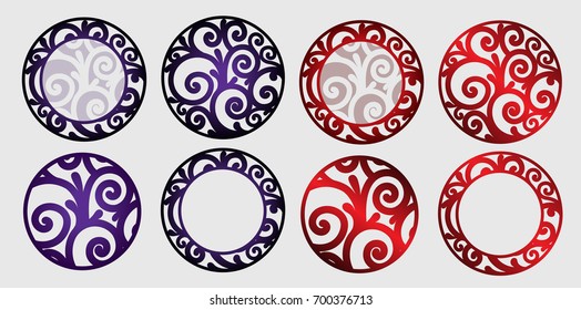 Decor element red and lilac illustration, mandala. Vector framed silhouette design. Round stencil frame. 