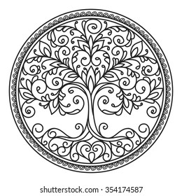 decor element, vector, black and white illustration, mandala, tree, circle, heart, leaves, plant, design element, abstract