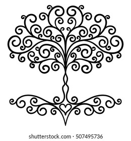 decor element, vector, black and white illustration, mandala, tree, adult coloring book, heart