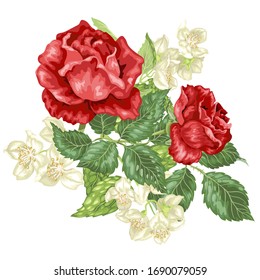 Decor element in vector graphic illustration with jasmine and rose flowers