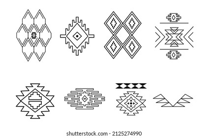 Decor elements of ethnic Indian tribe in outline style. Vector monochrome Navajo signs and patterns. Set of graphic geometric shapes of Aztecs isolated on white background