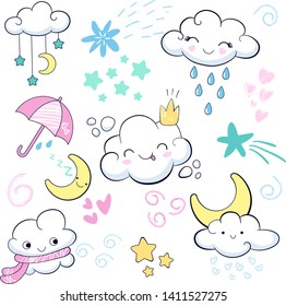 Decor elements set with cartoon clouds, rain, wind, umbrella, half moon. Can be used for sticker, patch, textile, fabric print, poster, baby shower design, t-shirt, party