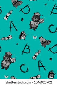  Decor elements set with cute cartoon animals and letters on a turquoise background. Seamless pattern. Can be used for sticker, patch, phone case, print, poster, design, t-shirt, party