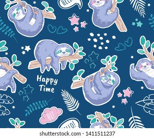 Decor elements set with cute sloths with tropical leaves, clouds and stars on blue background. Seamless pattern. Can be used for sticker, patch, phone case, print, poster, design, t-shirt, party decor