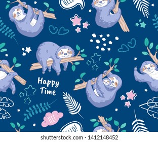 Decor elements set with cute sloths with tropical leaves, clouds and stars on dark blue background. Seamless pattern. Can be used for sticker, patch, phone case, print, poster, design, t-shirt, party