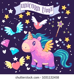 Decor elements set with cute unicorn. with diamonds, hearts, magic and wings. It can be used for sticker, patch, phone case, poster, t-shirt, mug and other design.