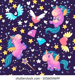 Decor elements set with cute unicorns with diamonds, hearts, magic and wings.Seamless pattern. It can be used for sticker, patch, phone case, poster, t-shirt, mug and other design.