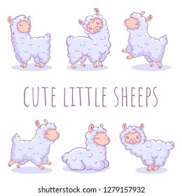 Decor elements set. Six cute little sheep with sheep. Can be used for fashion print, kids wear, website celebration greeting, postcard, sticker, t-shirt, mug and other design.