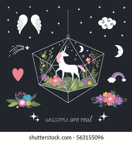 Decor elements, unicorns, flowers, fantasy illustrations