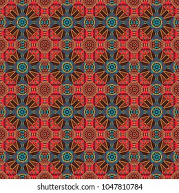 For decor, fabric, textile, cloth. Ornamental texture with linear shapes, zigzag lines, lace pattern. Vector geometric seamless pattern. Simple abstract background in blue, red and brown colors.