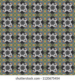 For decor, fabric, textile, cloth. Ornamental texture with linear shapes, zigzag lines, lace pattern. Simple abstract background in blue, red and gray colors. Vector geometric seamless pattern.
