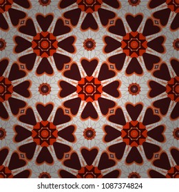 For decor, fabric, textile, cloth. Simple abstract background in brown, red and orange colors. Ornamental texture with linear shapes, zigzag lines, lace pattern. Raster geometric seamless pattern.