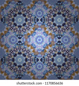 For decor, fabric, textile, cloth. Simple abstract background in gray, violet and blue colors. Vector geometric seamless pattern. Ornamental texture with linear shapes, zigzag lines, lace pattern.