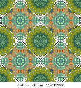 For decor, fabric, textile, cloth. Simple abstract background in green, blue and yellow colors. Vector geometric seamless pattern. Ornamental texture with linear shapes, zigzag lines, lace pattern.