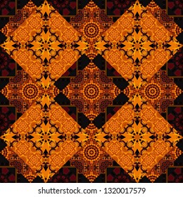 For decor, fabric, textile, cloth. Simple abstract background in orange, brown and black colors. Ornamental texture with linear shapes, zigzag lines, lace pattern. Vector geometric seamless pattern.