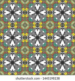For decor, fabric, textile, cloth. Simple abstract background in gray, blue and brown colors. Vector geometric seamless pattern. Ornamental texture with linear shapes, zigzag lines, lace pattern.