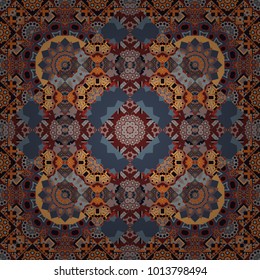 For decor, fabric, textile, cloth. Vector geometric seamless pattern. Simple abstract background in blue, orange and brown colors. Ornamental texture with linear shapes, zigzag lines, lace pattern.