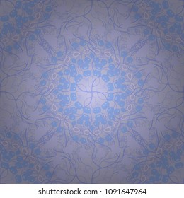 For decor, fabric, textile, cloth. Vector geometric seamless pattern. Ornamental texture with linear shapes, zigzag lines, lace pattern. Simple abstract background in purple, blue and violet colors.