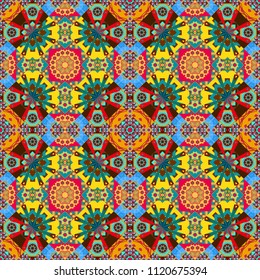 For decor, fabric, textile, cloth. Vector geometric seamless pattern. Ornamental texture with linear shapes, zigzag lines, lace pattern. Simple abstract background in pink, brown and blue colors.