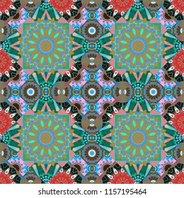 For decor, fabric, textile, cloth. Vector geometric seamless pattern. Ornamental texture with linear shapes, zigzag lines, lace pattern. Simple abstract background in blue, green and yellow colors.