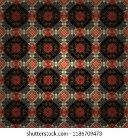 For decor, fabric, textile, cloth. Vector geometric seamless pattern. Ornamental texture with linear shapes, zigzag lines, lace pattern. Simple abstract background in orange, black and gray colors.