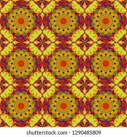 For decor, fabric, textile, cloth. Vector geometric seamless pattern. Simple abstract background in red, green and orange colors. Ornamental texture with linear shapes, zigzag lines, lace pattern.