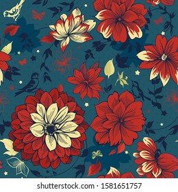 Decor flower seamless pattern. Beautiful romantic textile design in vintage style, vector illustration