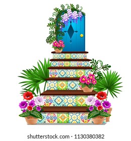 Decor in the form of a blue wooden door and steps tiled with multi-colored ornaments, fresh flowers in pots isolated on white background. Vector cartoon close-up illustration.