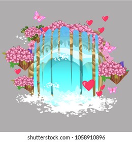 The decor in the form of a fantasy waterfall with elements of flowers, hearts and butterflies isolated on grey background. Vector cartoon close-up illustration.