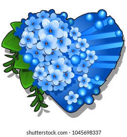 Decor form of heart blue color decorated with fresh flower buds forget-me-not isolated on white background. Vector cartoon close-up illustration.