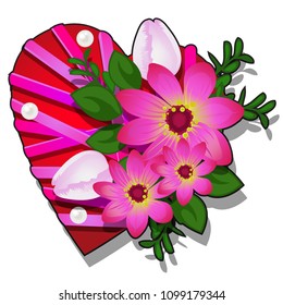 Decor form of heart red color decorated with fresh flower buds, pearls and pink ribbon bow isolated on white background. Vector cartoon close-up illustration.