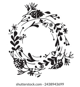 Decor in the form of a wreath with branches, flowers, berries and cones in vector.
