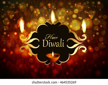 Decor frame with an oil lamp on the background of a happy Diwali lights