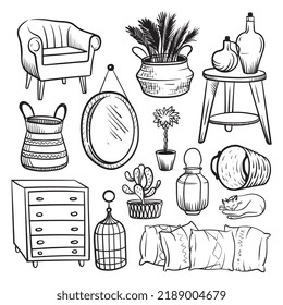 Decor and furniture items for home furnishing. Vector sketch in doodle style.