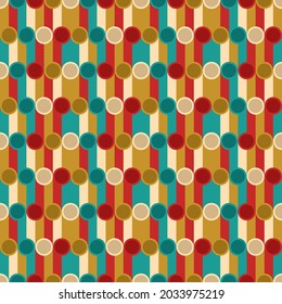 Decor geometric bright wallpaper. Vector repeated turquoise, yellow and red shapes. Abstract geometrical and repeated columns.