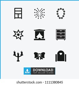 Decor icon. collection of 9 decor filled icons such as wardrobe, gate, bow, fireworks, candlestick, stage, nightstand. editable decor icons for web and mobile.