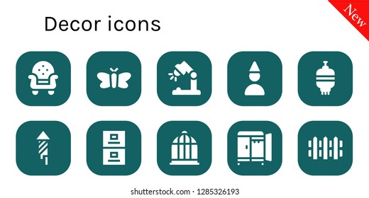  decor icon set. 10 filled decor icons. Simple modern icons about  - Armchair, Moth, Desk lamp, Birthday boy, Lantern, Fireworks, Filing cabinet, Bird cage, Wardrobe, Fence