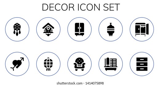 decor icon set. 10 filled decor icons.  Collection Of - Ornament, Cupid, Bird house, Lantern, Wardrobe, Armchair, Cage, Cabinet