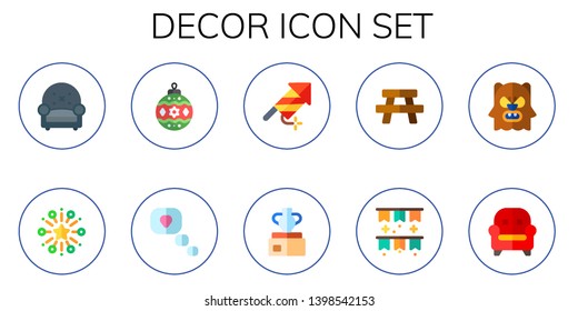 decor icon set. 10 flat decor icons.  Simple modern icons about  - armchair, fireworks, bauble, in love, firework, vase, table, ornament, werewolf