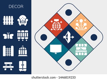 decor icon set. 13 filled decor icons.  Collection Of - Bow, Table, Wardrobe, Fence, Bird cage, Moth, Room divider, Armchair, Fireworks, Mirror ball, Night stand, Kitchen