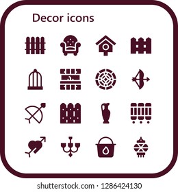  decor icon set. 16 filled decor icons. Simple modern icons about  - Fence, Armchair, Bird house, Bird cage, Kitchen, Stained glass, Bow, Vase, Room divider, Cupid, Chandelier