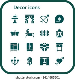 decor icon set. 16 filled decor icons.  Collection Of - Table, Curtains, Bow, Winter, Moth, Fence, Lantern, Wardrobe, Nightstand, Chandelier, Ornament, Curtain, Cupid